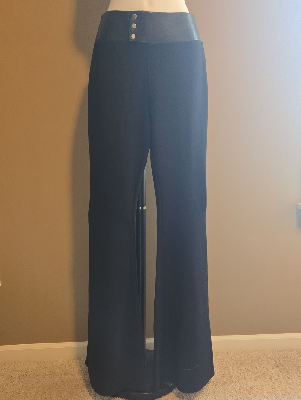 bebe Black Flared Pants with Faux Leather Button Waistband NWT XS Long